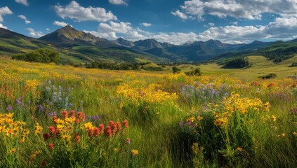 Fototapeta premium Wildflower meadow mountains landscape under cloudy sky