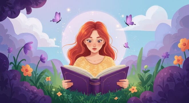 Young woman reading large purple book in colorful meadow with moonlit sky
