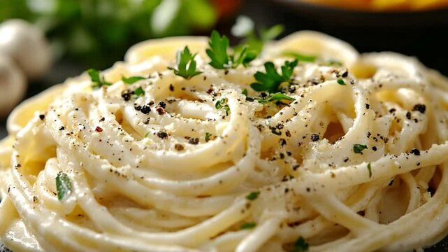 Creamy Pasta Dish: A mouthwatering photo showcases a plate of perfectly cooked pasta, generously coated in a rich, creamy sauce, sprinkled with fresh herbs and pepper