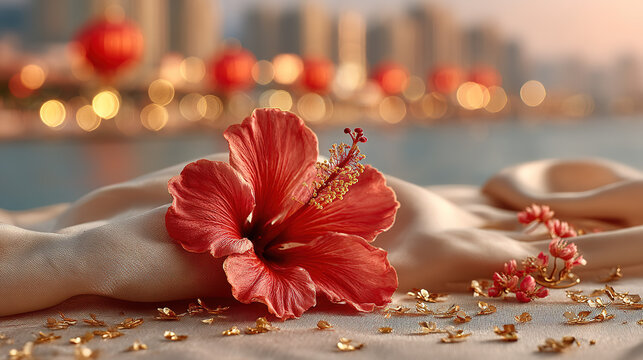 Close-up of a red bauhinia brooch on silk, golden light on petals, festive city backdrop - celebrating Hong Kong's establishment day with elegance. - Powered by Adobe