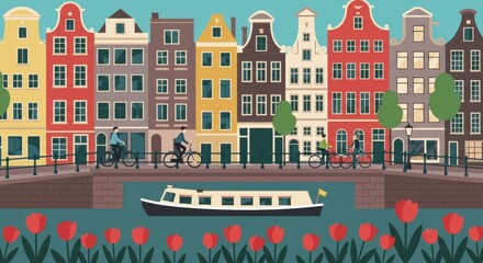 Amsterdam canal scene with red tulips, colorful Dutch houses, and bicycles on a sunny day