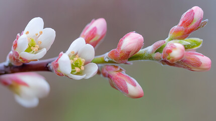 Fototapeta premium Delicate Spring Blossoms Close up of White and Pink Flower Buds on Branch