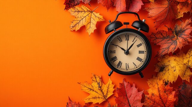 Autumnal alarm clock surrounded by colorful fall leaves on an orange background.