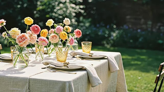 Elegant outdoor table setting with pastel ranunculus flowers in vases
