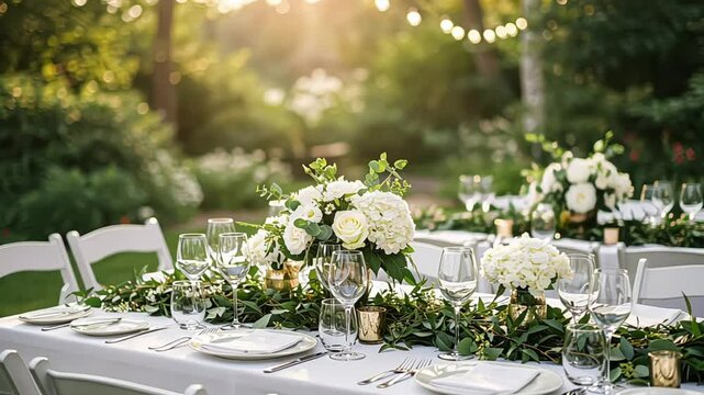 Elegant wedding table setting with flowers and glassware outdoors