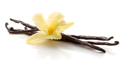 Isolated vanilla pods alongside a delicate vanilla flower on a white background, highlighting their rich color and aromatic qualities.