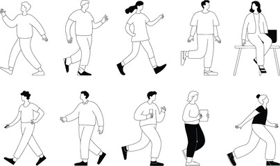 Diverse crowd of people in various poses walking running standing and sitting in black and white