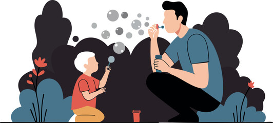 Father and son blowing soap bubbles together outdoor playful family bonding scene 
