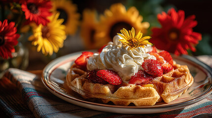 Golden Belgian waffles with strawberries and cream, surrounded by red and yellow flowers - a festive celebration of Belgium's National Day