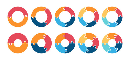 Colorful puzzle circle stages. Diagram infographic set. Circle vector 2, 3, 4, 5, 6, parts. Process and segmented concept	
