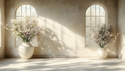 Room with rounded windows, off-white walls, flower arrangements, and light streaming in, creating shadows
