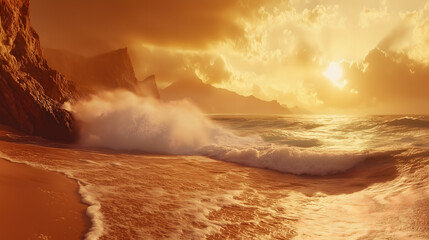 Fototapeta premium Dramatic Golden Sunset Ocean Waves Crashing on Sandy Beach with Rocky Cliffs