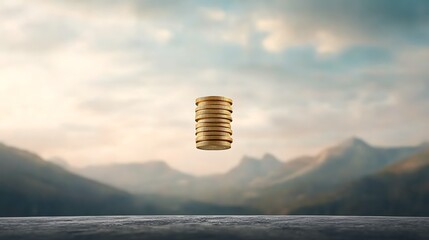 Golden Coins Floating with Mountain View.