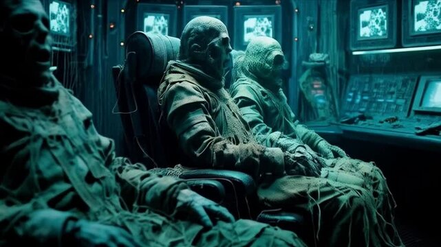 Crashing alien spaceship. Disaster in deep space. Creepy science fiction video clip. Vj animated short film. 