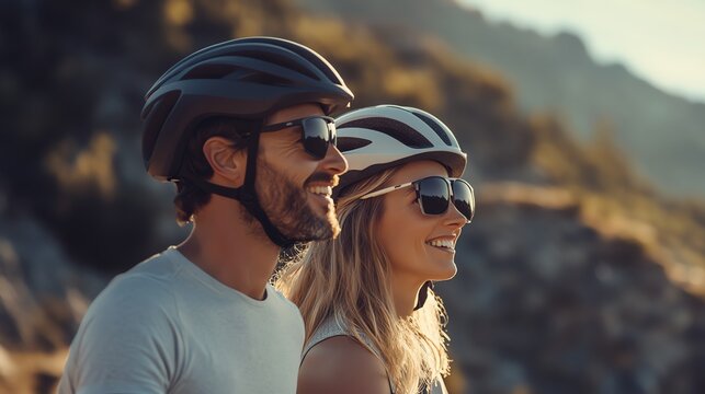 A romantic couple cycling together in a scenic mountain - Powered by Adobe