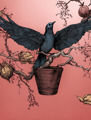 dark gray pigeons on the tree, pink background