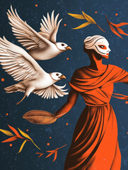 fairy tale princess, red devil and white white dove, share with love, bright and hope