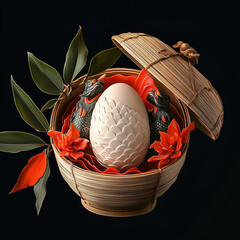 Dragon Boat Festival poster decorations, egg carvings, and 3D decorations featuring eggs in bamboo baskets
