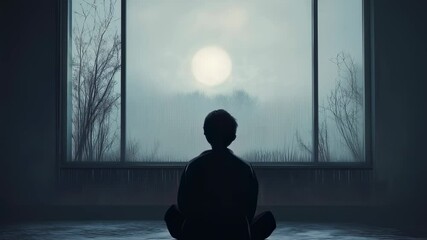 meditating silhouette finding inner peace while observing moonlit foggy landscape through large window dimly lit abandoned room embodying deep contemplation spiritual tranquility - Powered by Adobe