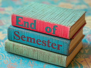 end of semester, stack of books
