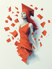 red illustration cartoon, young female graduate with diploma, women right, women power, girl education, scholorship