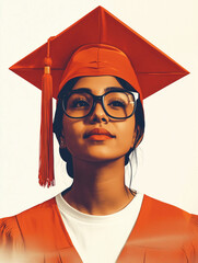 red illustration movie style, young female graduate with glasses and diploma, women right, women power, girl education, scholorship
