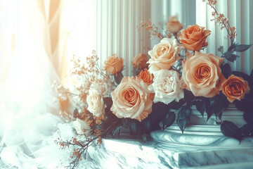 bouquet of roses, peach pink roses, flower arrangement, home decoration, romantic flowers, wedding decor