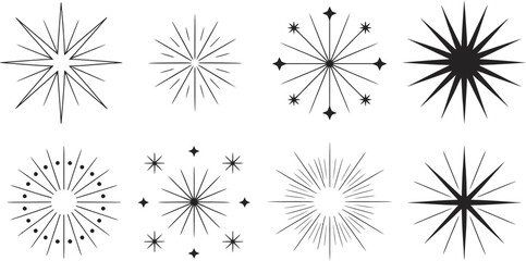 Set of eight black and white starburst vector designs perfect for various creative projects