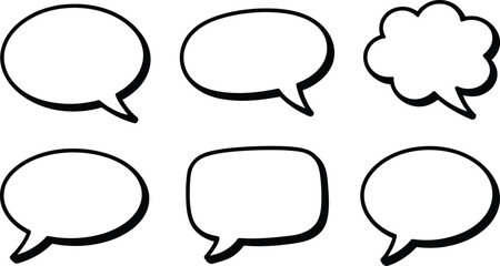Collection of six blank speech bubbles in simple black and white illustration for communication