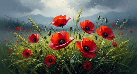Obraz premium Impressionistic Oil Painting of Red Poppies in Stormy Field with Rain and Misty Mountains