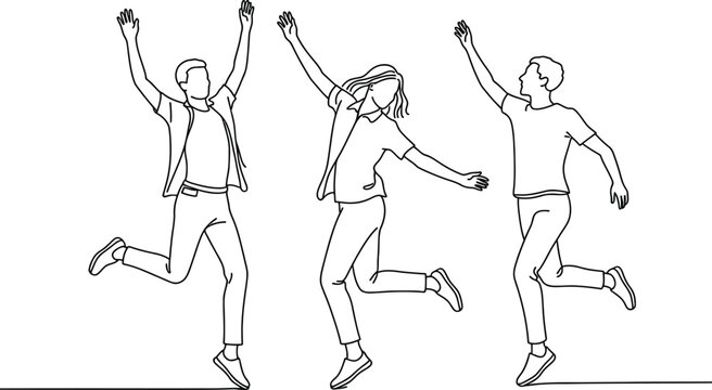 Three people jumping joyfully in a celebration of happiness and success outline illustration