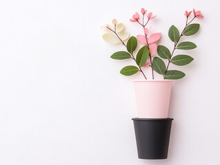 Pink And Green Flowers In A Pink And Black Cup On White Background