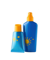 Two sunscreen products with transparent background, blue body, orange cap, and yellow sun design