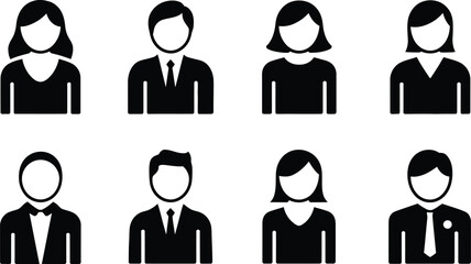 Vector illustration of simple black and white professional avatar icons depicting men and women