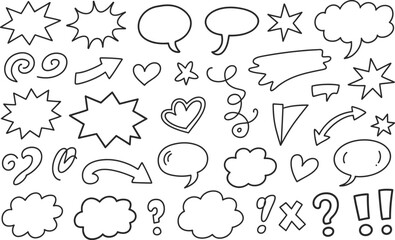 Hand drawn doodle elements and speech bubbles in black outline for design resources and illustrations