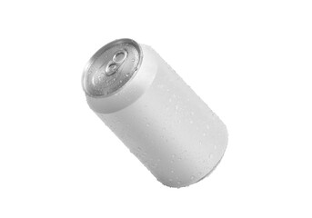 Aluminum soda can with water drops, transparent background