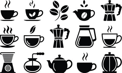 Collection of minimalist coffee icons featuring cups, teapots, coffee beans, and brewing equipment in black and white
