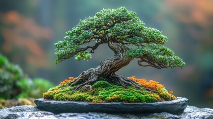 Miniature tree, moss, and rocks
