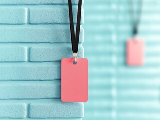 Pink Blank ID Card Mockup Hanging on a Blue Brick Wall