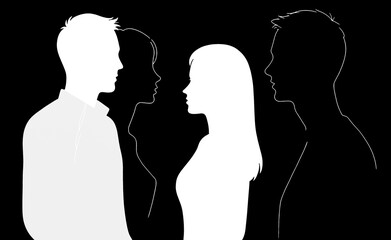 Silhouetted couple facing each other with shadowy figures behind them, symbolizing relationship tension, emotional baggage, exes, or complex dynamics of love, friendship, and confrontation