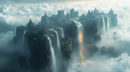Floating city with waterfalls, clouds, and ancient architecture