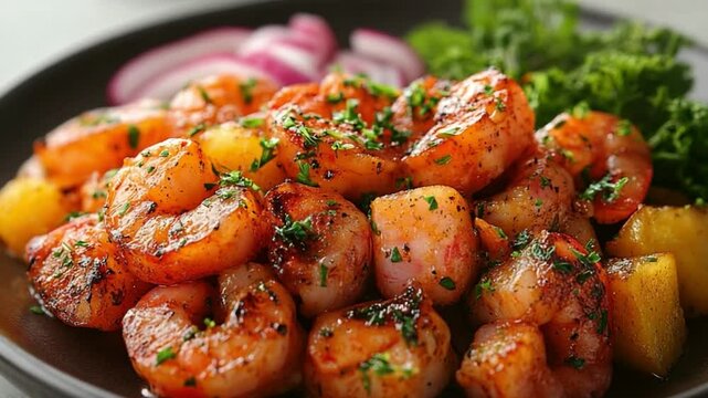 Delicious Shrimp Meal: A mouthwatering image showcases perfectly cooked shrimp, complemented by fresh pineapple and red onion, artfully arranged on a dark plate, appetizing presentation.