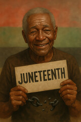 Elderly man smiling, holding Juneteenth sign, celebrating freedom, vibrant colors, joyful expression, rich cultural heritage.