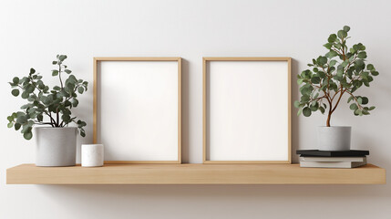 木製フレームのアートポスターと小物が並ぶシンプルな壁面ディスプレイ