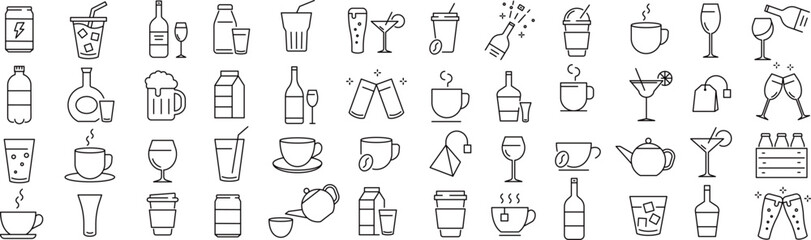 ベクターでモノクロの飲み物に関する線画アイコンセット

