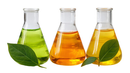 Three erlenmeyer flasks with colored liquids isolated on transparent background