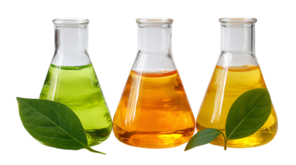Three erlenmeyer flasks with colored liquids isolated on transparent background