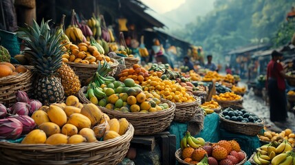 A vibrant open air fruit market in a small village