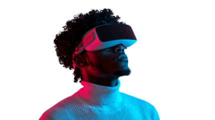 Man in vr headset neon lit isolated on transparent background
