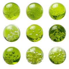 Nine green glass marbles with bubbles isolated on transparent background